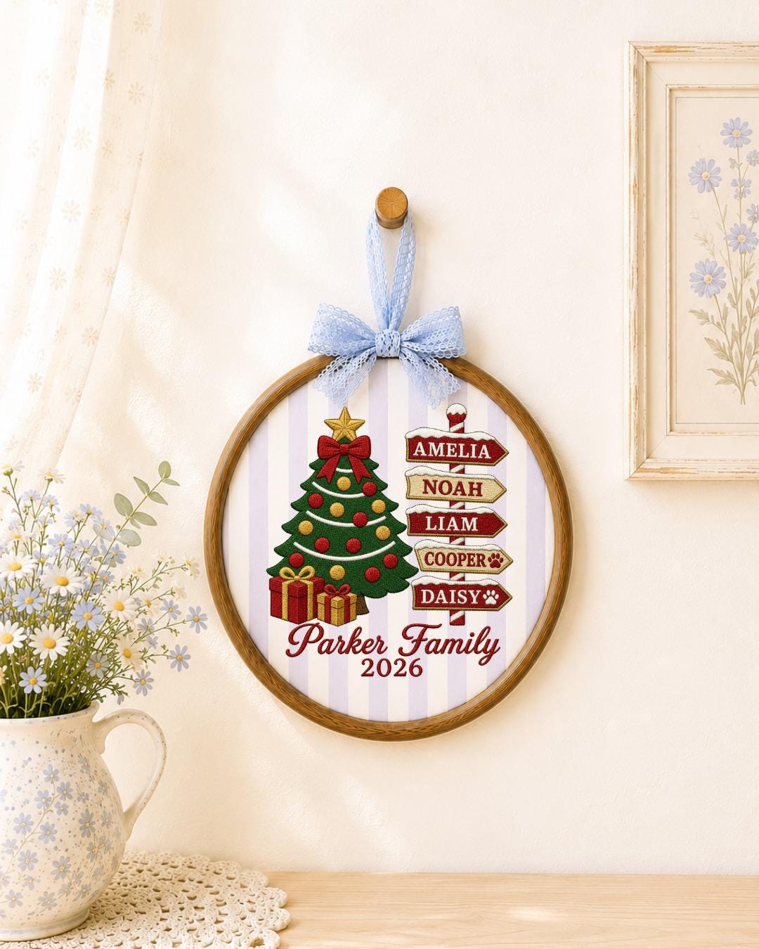 Personalized Family Christmas Embroidered Ornament, Custom Family Name Hoop, Christmas Tree Decor, Personalized Holiday Keepsake