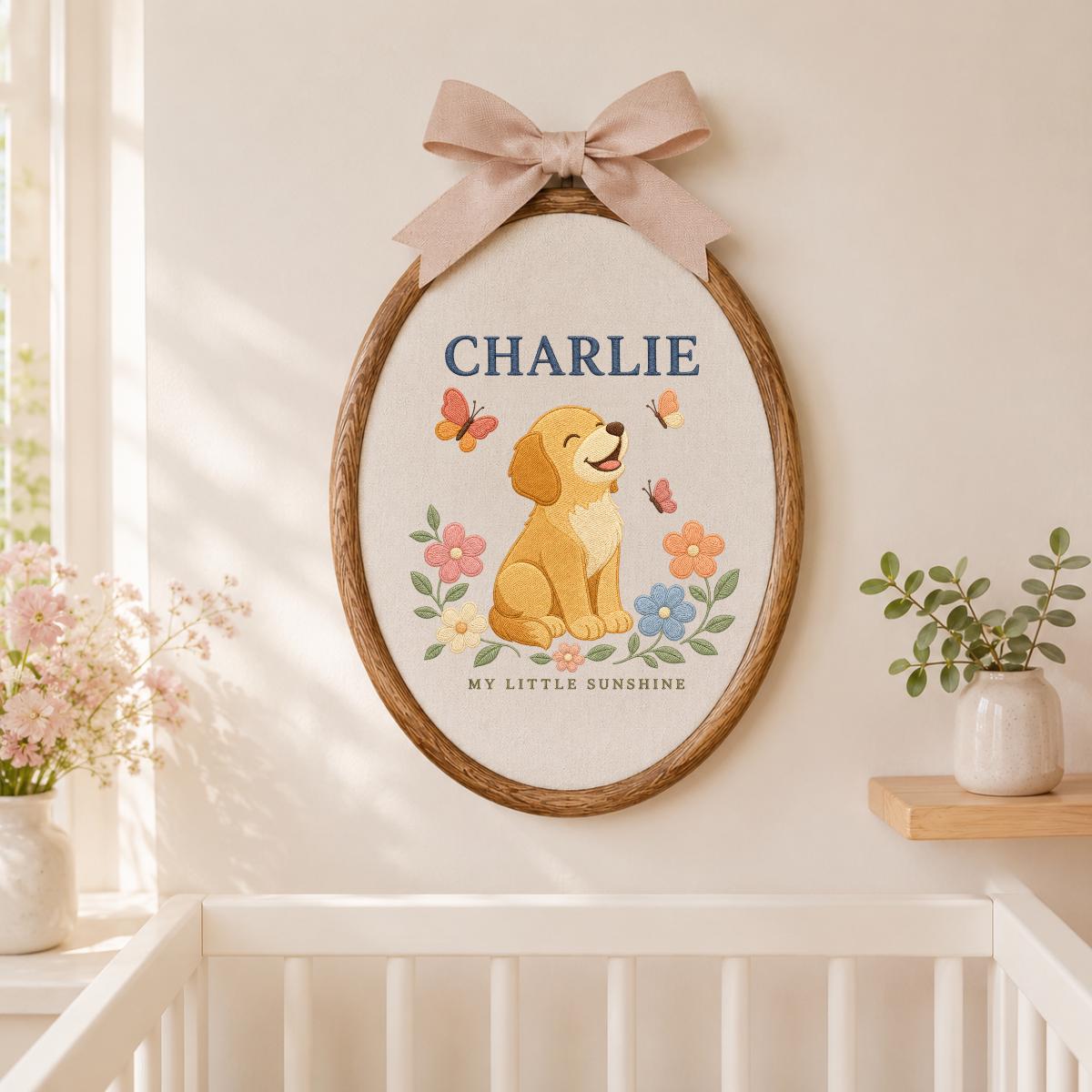 Personalized Puppy Nursery Banner, Charlie Dog Embroidery Wall Hanging, Floral Baby Room Decor, Butterfly Ornament, Newborn Gift