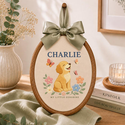 Personalized Puppy Nursery Banner, Charlie Dog Embroidery Wall Hanging, Floral Baby Room Decor, Butterfly Ornament, Newborn Gift