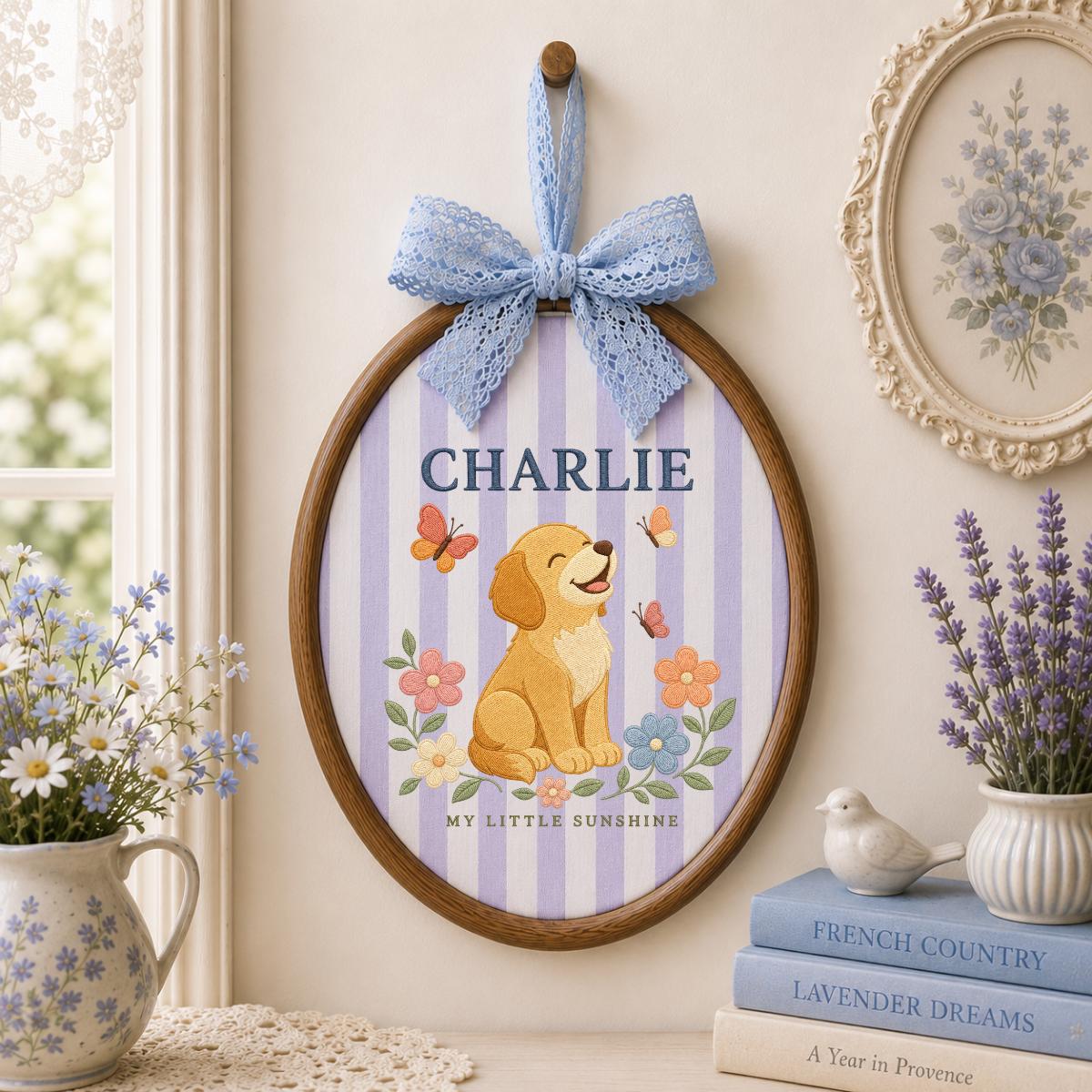 Personalized Puppy Nursery Banner, Charlie Dog Embroidery Wall Hanging, Floral Baby Room Decor, Butterfly Ornament, Newborn Gift
