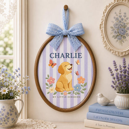 Personalized Puppy Nursery Banner, Charlie Dog Embroidery Wall Hanging, Floral Baby Room Decor, Butterfly Ornament, Newborn Gift