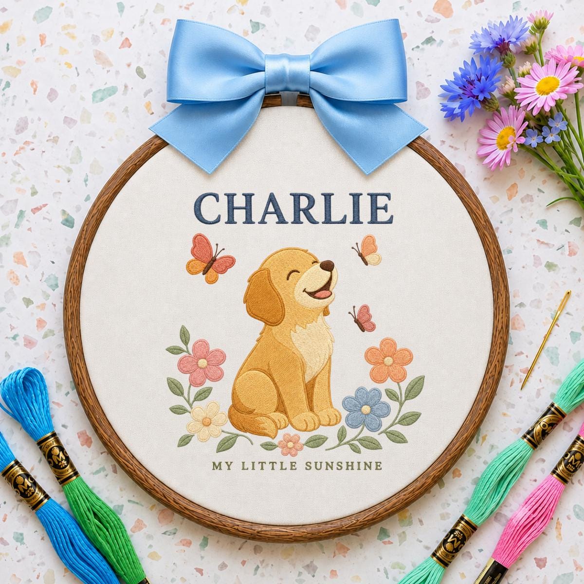 Personalized Puppy Nursery Banner, Charlie Dog Embroidery Wall Hanging, Floral Baby Room Decor, Butterfly Ornament, Newborn Gift