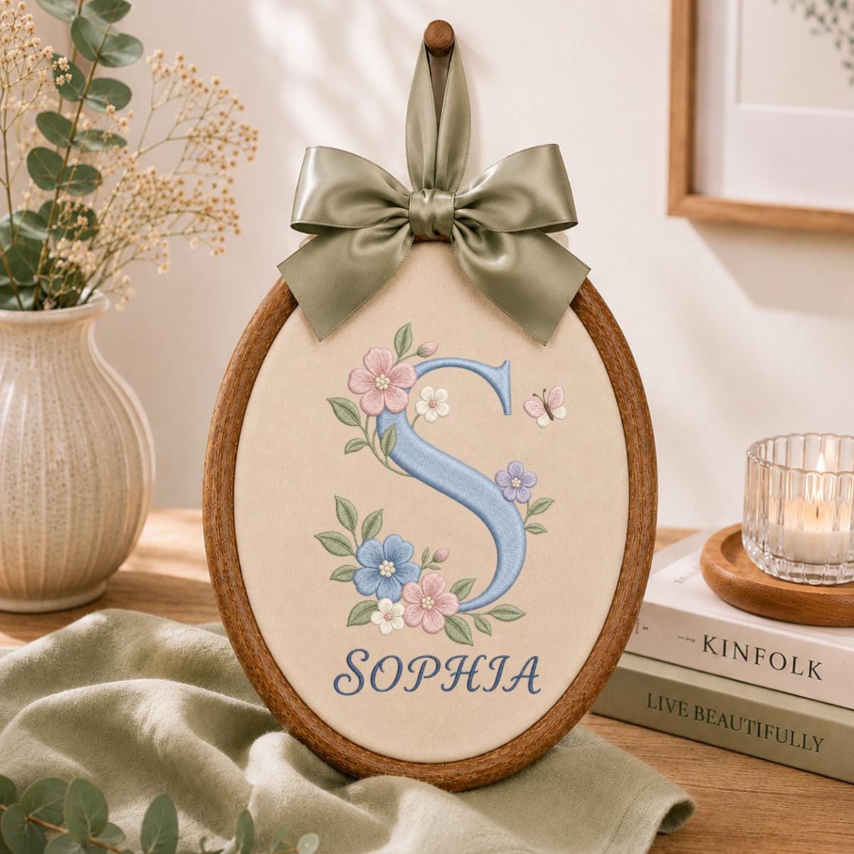 Personalized Floral Monogram Ornament, Oval Embroidery Wall Hanging, Nursery Decor, Baby Girl Room Gift, Ribbon Hanging