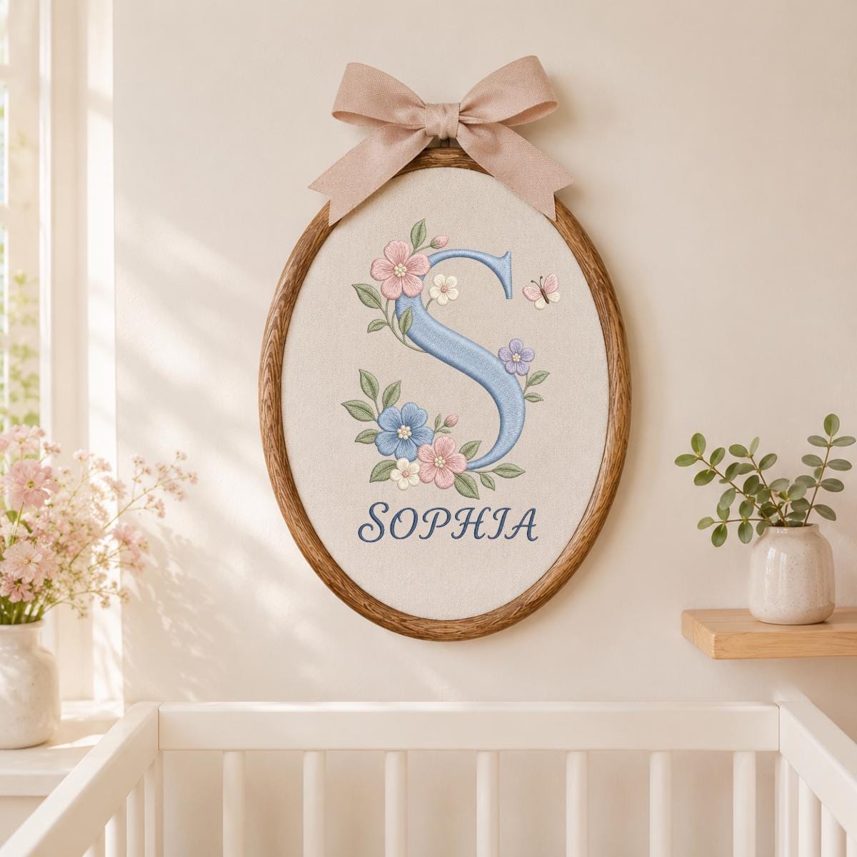 Personalized Floral Monogram Ornament, Oval Embroidery Wall Hanging, Nursery Decor, Baby Girl Room Gift, Ribbon Hanging