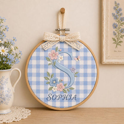 Personalized Floral Monogram Ornament, Oval Embroidery Wall Hanging, Nursery Decor, Baby Girl Room Gift, Ribbon Hanging