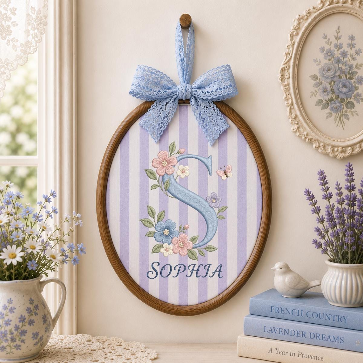 Personalized Floral Monogram Ornament, Oval Embroidery Wall Hanging, Nursery Decor, Baby Girl Room Gift, Ribbon Hanging