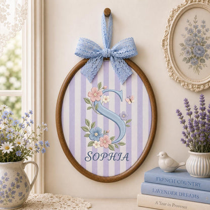Personalized Floral Monogram Ornament, Oval Embroidery Wall Hanging, Nursery Decor, Baby Girl Room Gift, Ribbon Hanging