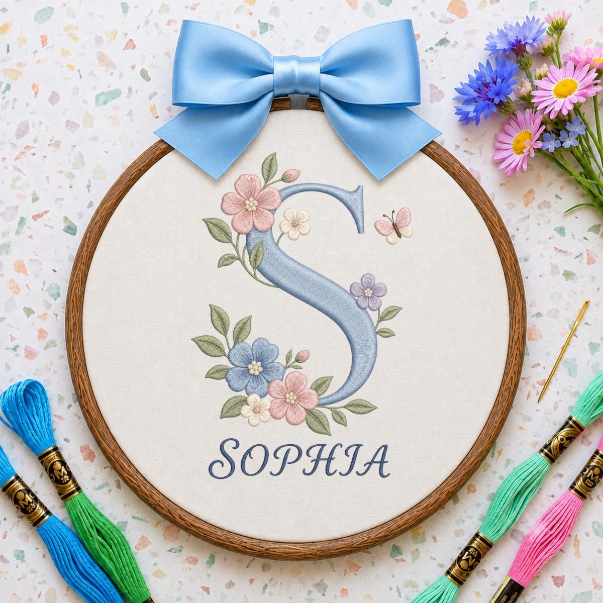 Personalized Floral Monogram Ornament, Oval Embroidery Wall Hanging, Nursery Decor, Baby Girl Room Gift, Ribbon Hanging