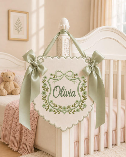 Personalized Embroidered Baby Name Banner, Floral Nursery Wall Decor, Custom Baby Girl Name Sign, Bow Nursery Hanging, Newborn Baby Gift