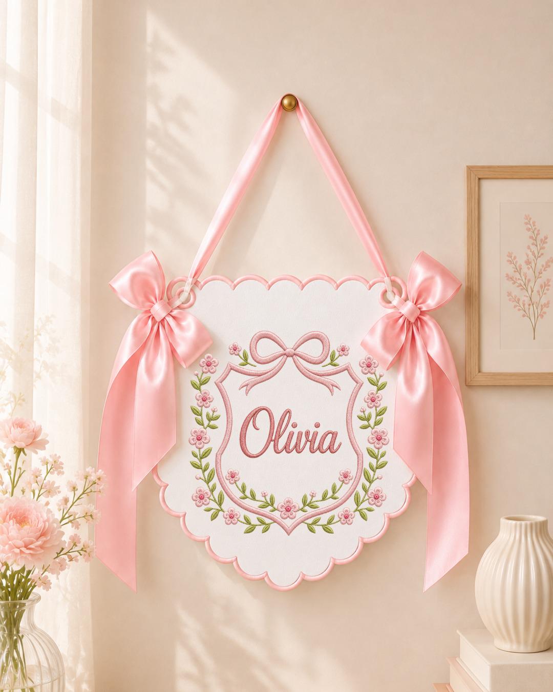 Personalized Embroidered Baby Name Banner, Floral Nursery Wall Decor, Custom Baby Girl Name Sign, Bow Nursery Hanging, Newborn Baby Gift