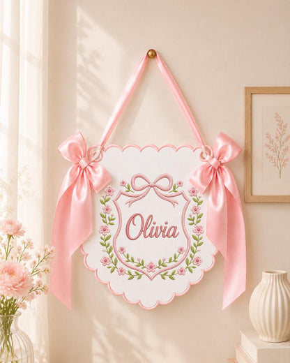 Personalized Embroidered Baby Name Banner, Floral Nursery Wall Decor, Custom Baby Girl Name Sign, Bow Nursery Hanging, Newborn Baby Gift