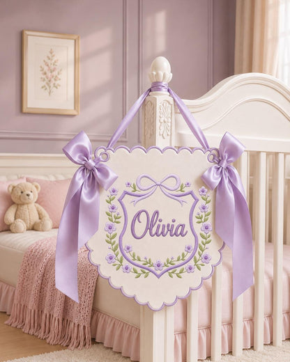 Personalized Embroidered Baby Name Banner, Floral Nursery Wall Decor, Custom Baby Girl Name Sign, Bow Nursery Hanging, Newborn Baby Gift