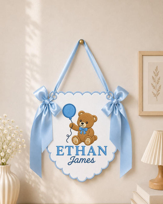 Personalized Embroidered Baby Name Banner, Teddy Bear Nursery Wall Decor, Custom Baby Boy Name Sign, Nursery Wall Hanging, Newborn Gift