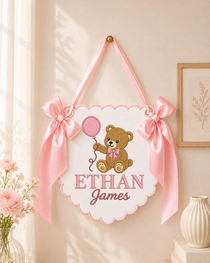 Personalized Embroidered Baby Name Banner, Teddy Bear Nursery Wall Decor, Custom Baby Boy Name Sign, Nursery Wall Hanging, Newborn Gift