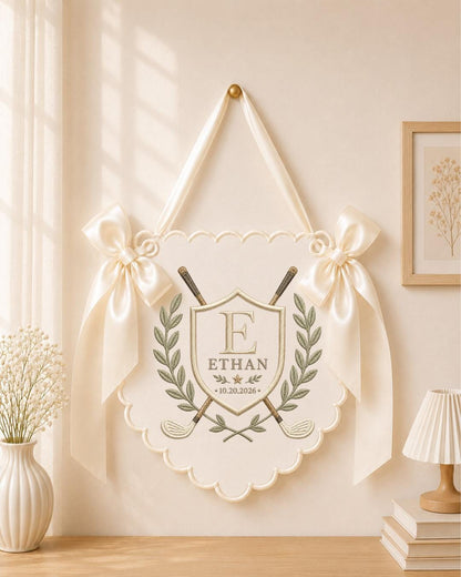 Personalized Embroidered Baby Name Banner, Golf Nursery Wall Decor, Custom Baby Boy Monogram Sign, Golfer Nursery Decor, Newborn Gift