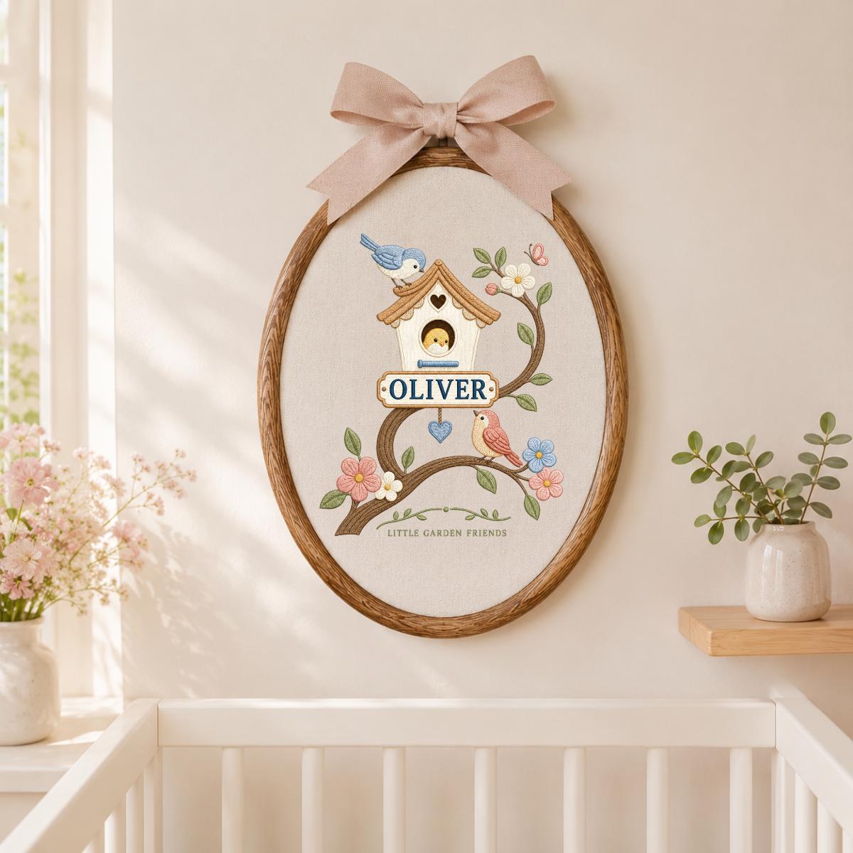 Personalized Birdhouse Ornament, Oliver Oval Embroidery Wall Hanging, Floral Nursery Decor, Bird Lover Gift, Ribbon Hanging