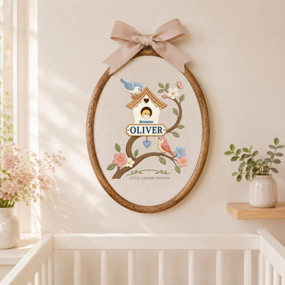 Personalized Birdhouse Ornament, Oliver Oval Embroidery Wall Hanging, Floral Nursery Decor, Bird Lover Gift, Ribbon Hanging