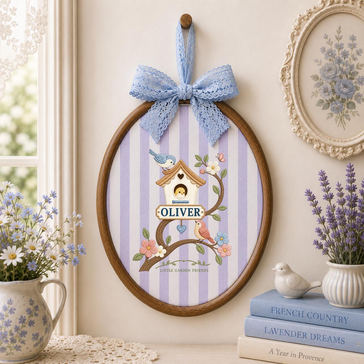 Personalized Birdhouse Ornament, Oliver Oval Embroidery Wall Hanging, Floral Nursery Decor, Bird Lover Gift, Ribbon Hanging