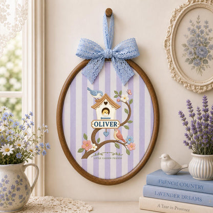 Personalized Birdhouse Ornament, Oliver Oval Embroidery Wall Hanging, Floral Nursery Decor, Bird Lover Gift, Ribbon Hanging