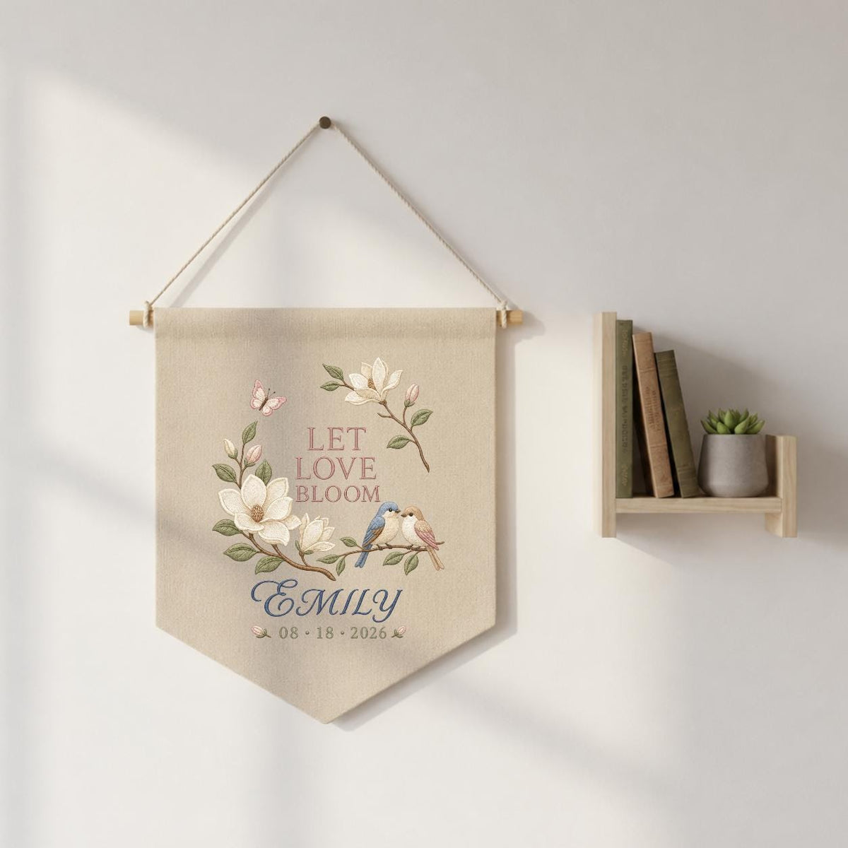 Personalized Wedding Wall Hanging, Let Love Bloom Floral Banner, Custom Name and Date Decor, Bird Embroidery, Bridal Shower Gift