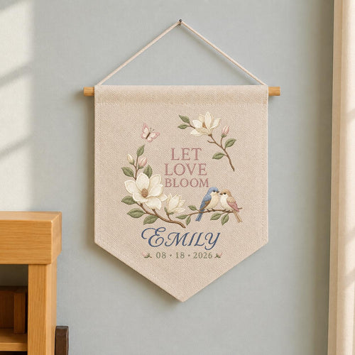 Personalized Wedding Wall Hanging, Let Love Bloom Floral Banner, Custom Name and Date Decor, Bird Embroidery, Bridal Shower Gift