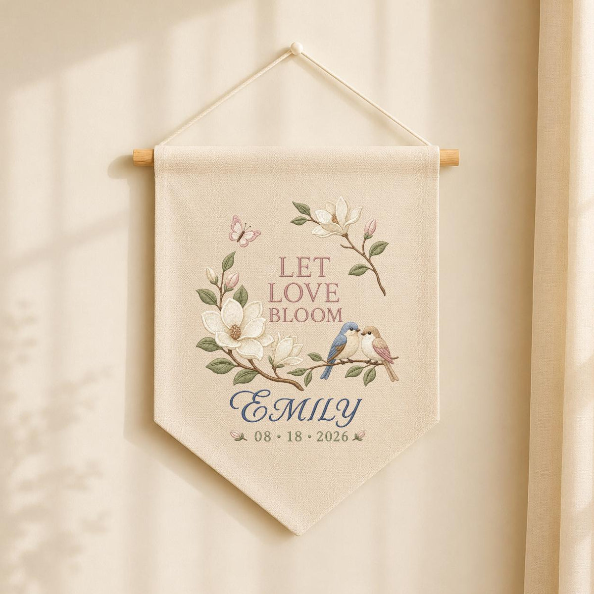 Personalized Wedding Wall Hanging, Let Love Bloom Floral Banner, Custom Name and Date Decor, Bird Embroidery, Bridal Shower Gift