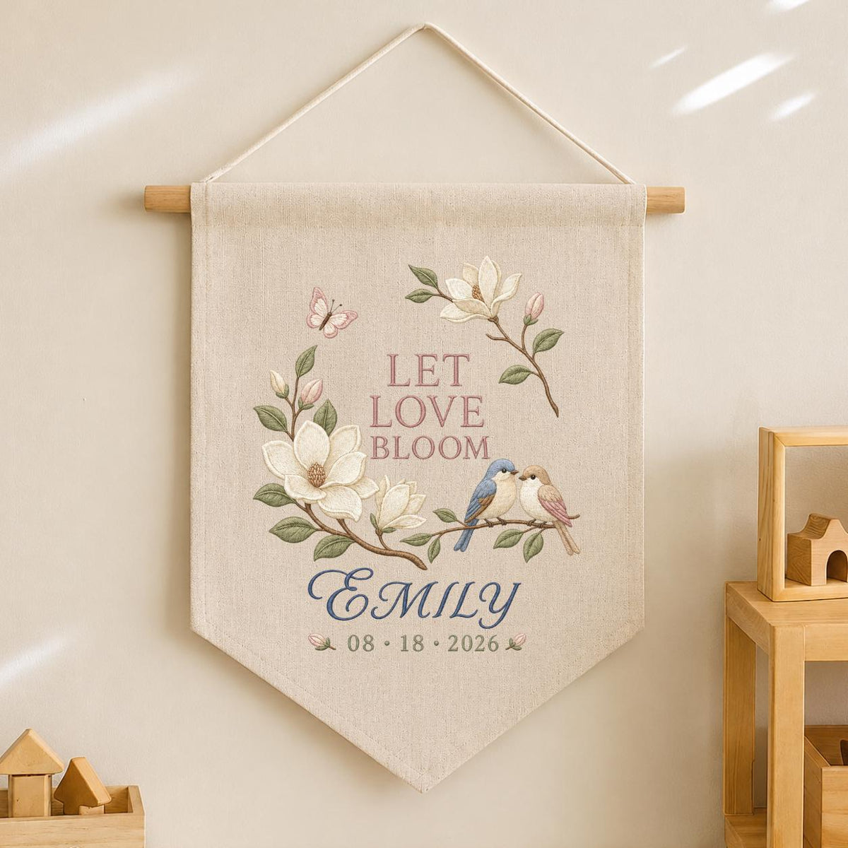 Personalized Wedding Wall Hanging, Let Love Bloom Floral Banner, Custom Name and Date Decor, Bird Embroidery, Bridal Shower Gift