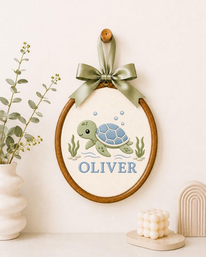 Personalized Sea Turtle Embroidered Ornament, Custom Baby Name Keepsake, Ocean Nursery Decor, Turtle Baby Gift, Newborn Name Sign