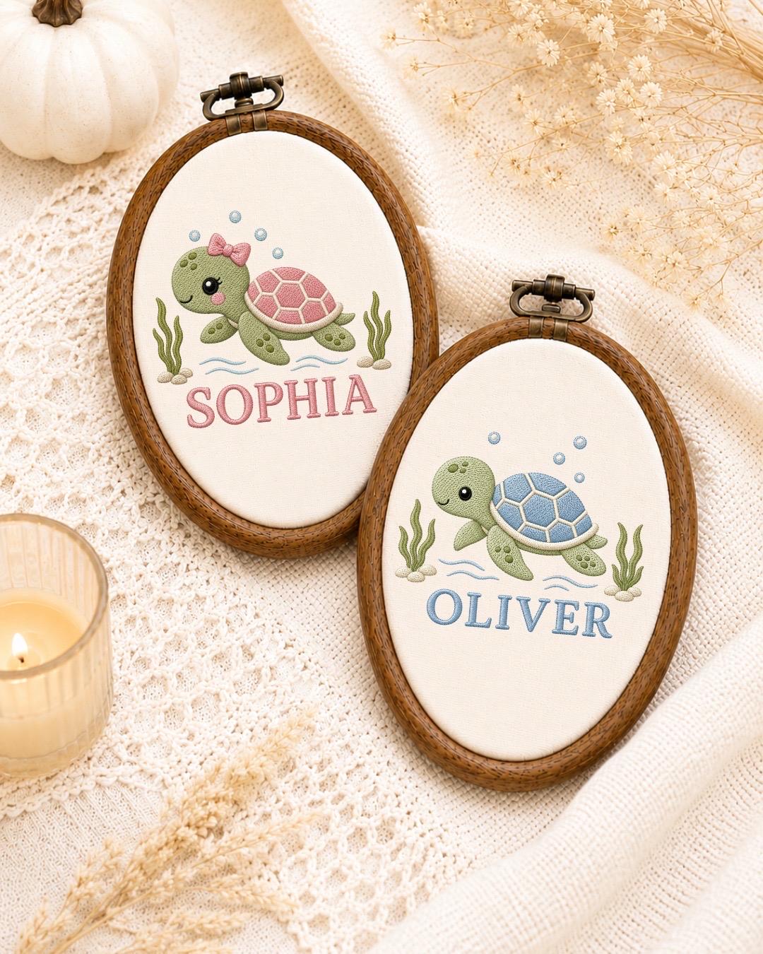 Personalized Sea Turtle Embroidered Ornament, Custom Baby Name Keepsake, Ocean Nursery Decor, Turtle Baby Gift, Newborn Name Sign