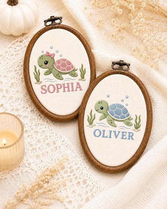 Personalized Sea Turtle Embroidered Ornament, Custom Baby Name Keepsake, Ocean Nursery Decor, Turtle Baby Gift, Newborn Name Sign