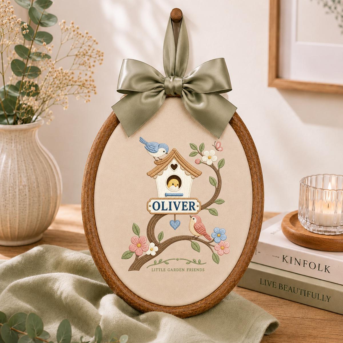 Custom Name Birdhouse Wall Decor, Bird and Flower Embroidery Oval Ornament, Personalized Nursery Gift, Garden Lover Decor