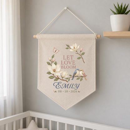 Personalized Love Birds Wall Hanging, Floral Wedding Banner, Custom Date Ornament, Let Love Bloom Decor, Romantic Anniversary Gift