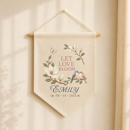Personalized Love Birds Wall Hanging, Floral Wedding Banner, Custom Date Ornament, Let Love Bloom Decor, Romantic Anniversary Gift