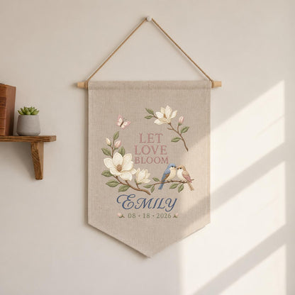 Personalized Love Birds Wall Hanging, Floral Wedding Banner, Custom Date Ornament, Let Love Bloom Decor, Romantic Anniversary Gift