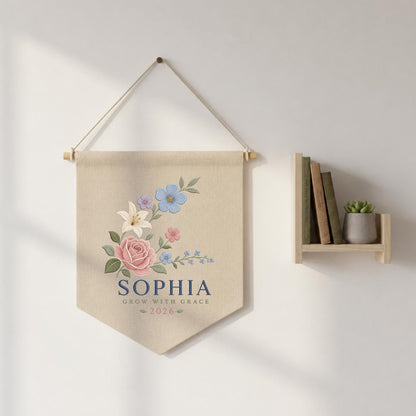 Custom Floral Pennant Banner, Personalized Name Wall Hanging, Grow With Grace Embroidery Decor, Girl Room Gift, Botanical Artwork