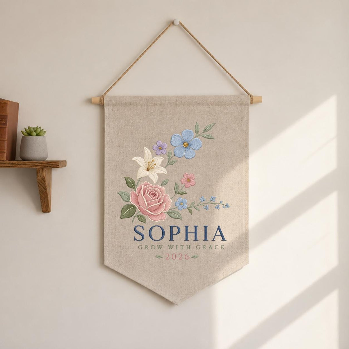 Custom Floral Pennant Banner, Personalized Name Wall Hanging, Grow With Grace Embroidery Decor, Girl Room Gift, Botanical Artwork