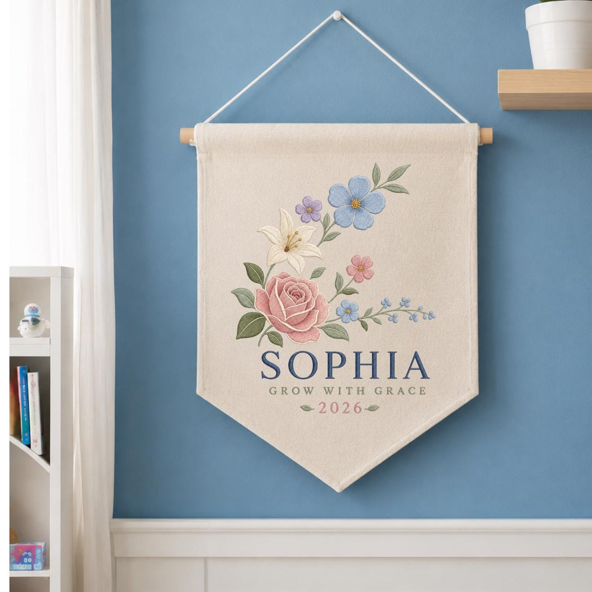 Custom Floral Pennant Banner, Personalized Name Wall Hanging, Grow With Grace Embroidery Decor, Girl Room Gift, Botanical Artwork