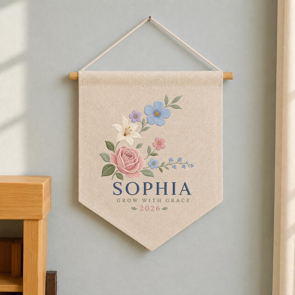 Custom Floral Pennant Banner, Personalized Name Wall Hanging, Grow With Grace Embroidery Decor, Girl Room Gift, Botanical Artwork