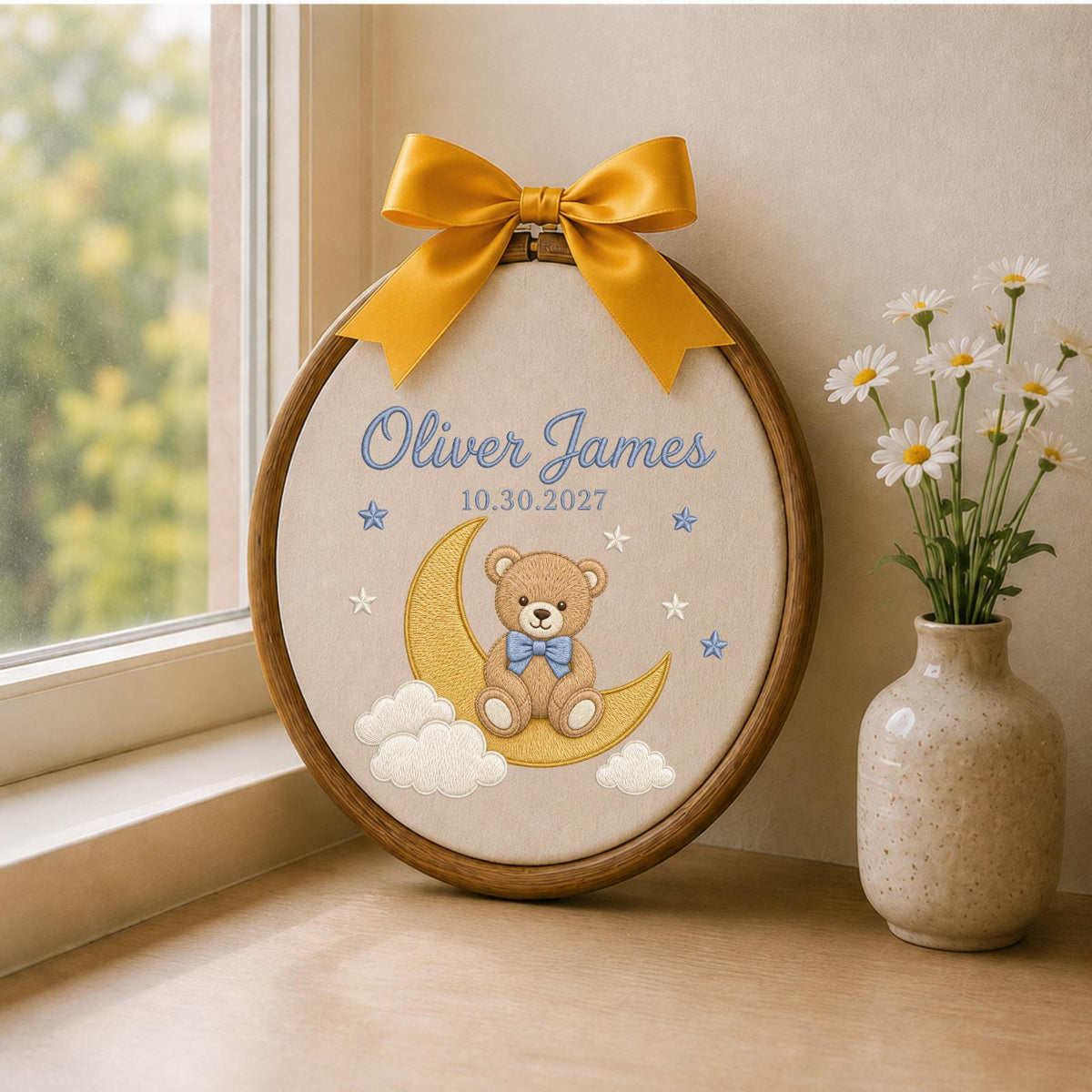 Personalized Embroidered Ornament, Teddy Bear Moon Baby Name Ornament, Custom Nursery Keepsake, Baby Boy Gift, Newborn Name Decor