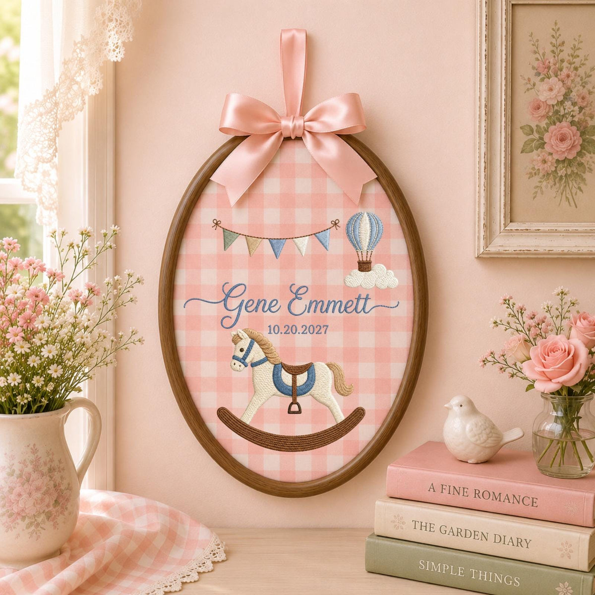 Personalized Rocking Horse Embroidered Ornament, Baby Name Ornament, Custom Nursery Keepsake, Baby Boy Gift, Newborn Baby Shower Gift