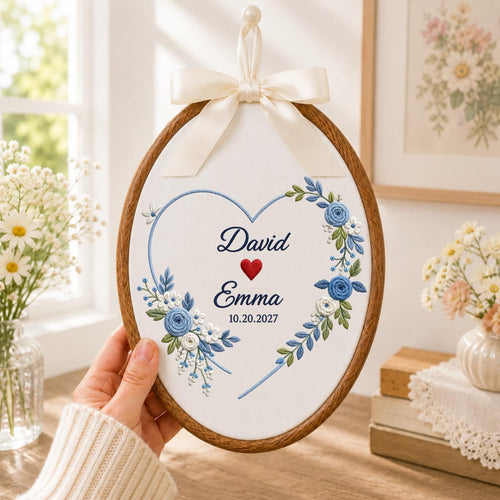 Personalized Embroidered Ornament, Couple Name Wedding Ornament, Custom Anniversary Keepsake, Floral Heart Engagement Gift, Romantic Couple