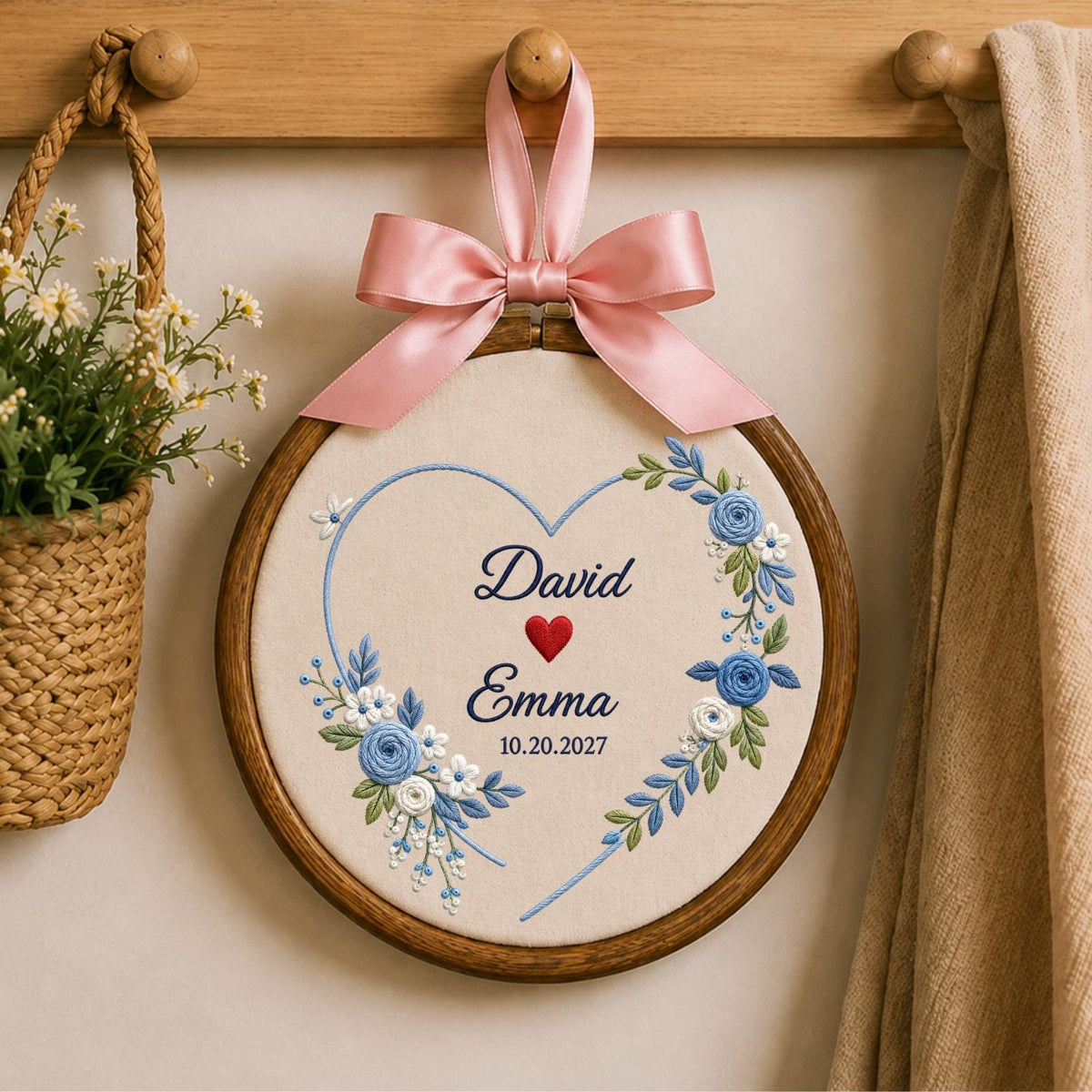 Personalized Embroidered Ornament, Couple Name Wedding Ornament, Custom Anniversary Keepsake, Floral Heart Engagement Gift, Romantic Couple