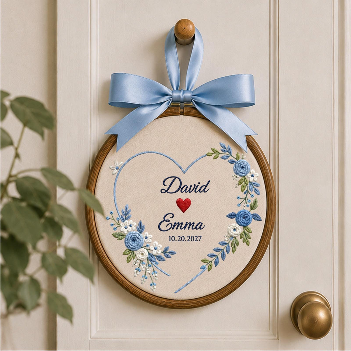Personalized Embroidered Ornament, Couple Name Wedding Ornament, Custom Anniversary Keepsake, Floral Heart Engagement Gift, Romantic Couple
