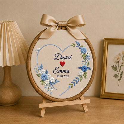 Personalized Embroidered Ornament, Couple Name Wedding Ornament, Custom Anniversary Keepsake, Floral Heart Engagement Gift, Romantic Couple
