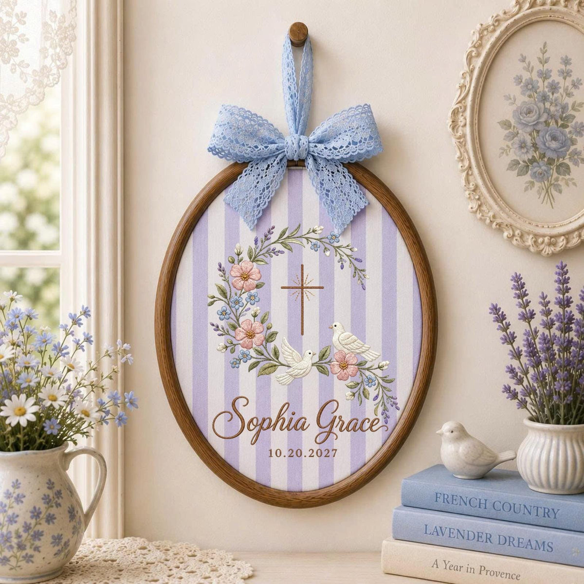 Personalized Embroidered Ornament, Christian Cross Dove Ornament, Custom Name Baptism Keepsake, Floral Religious Gift, Baby Blessing Decor
