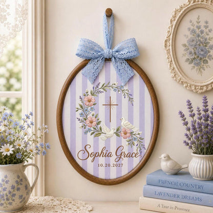 Personalized Embroidered Ornament, Christian Cross Dove Ornament, Custom Name Baptism Keepsake, Floral Religious Gift, Baby Blessing Decor