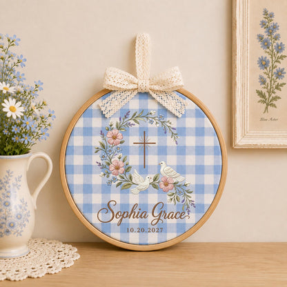 Personalized Embroidered Ornament, Christian Cross Dove Ornament, Custom Name Baptism Keepsake, Floral Religious Gift, Baby Blessing Decor
