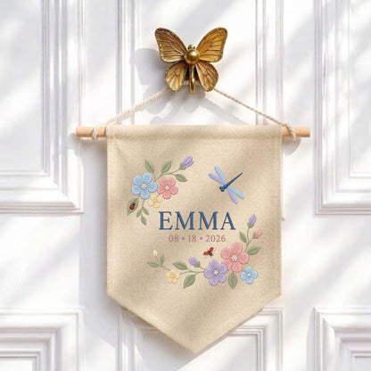 Custom Floral Embroidered Banner, Personalized Name Wall Hanging, Linen Fabric, Grow With Grace 2026