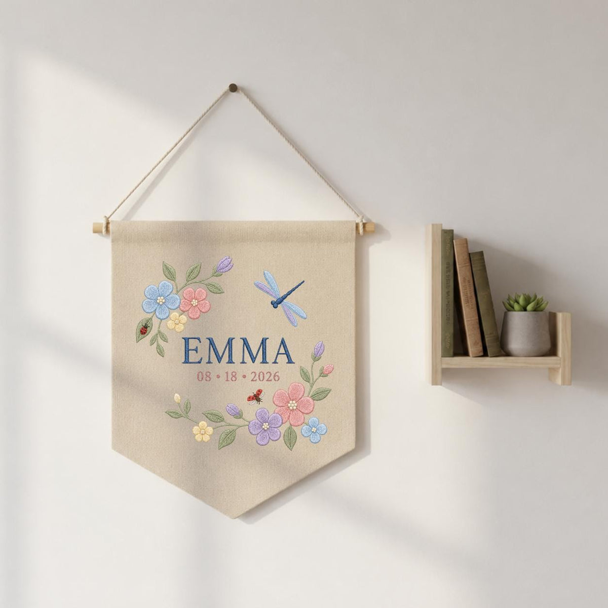 Custom Floral Embroidered Banner, Personalized Name Wall Hanging, Linen Fabric, Grow With Grace 2026