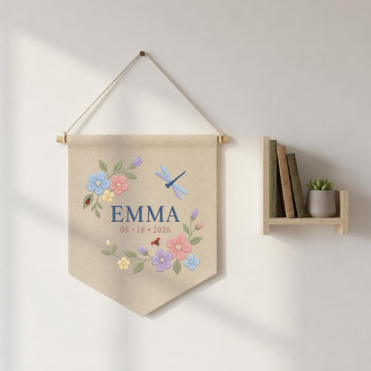 Custom Floral Embroidered Banner, Personalized Name Wall Hanging, Linen Fabric, Grow With Grace 2026
